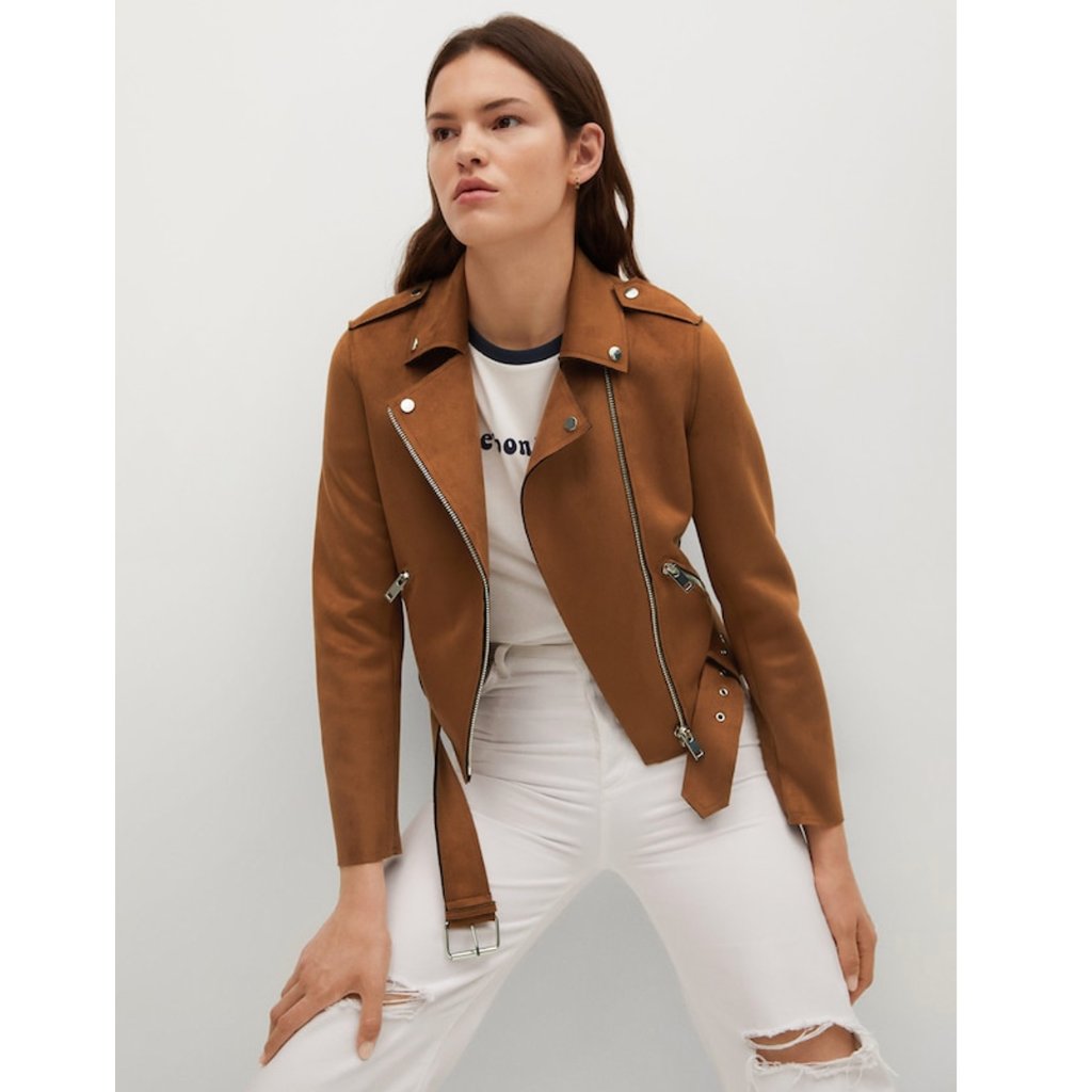 Nwt Mango - Brown Faux-Suede Biker Jacket